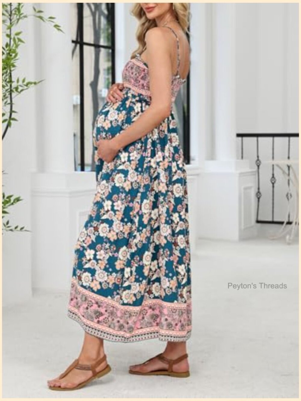 Maternity Maxi Dress Square Neck Smocked Ruched Flowy Pregnancy Baby Shower - Picture 3 of 7